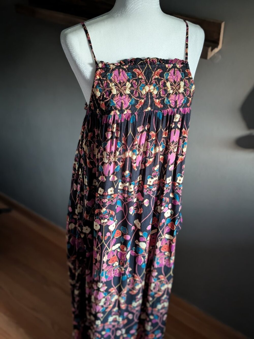 Anthropologie Boho Floral Print Quilted Maxi Dress With Pockets Size S